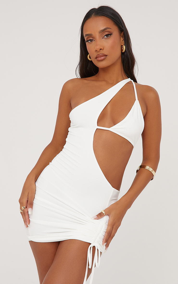 white one sleeve ruched woven bodycon dress White One Sleeve Ruched Woven Bodycon Dress #plt