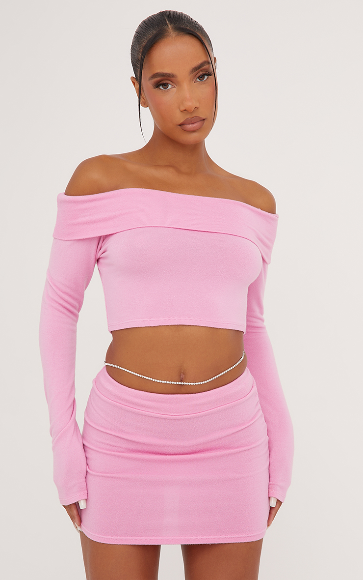 Long Sleeve Bardot Fold Over Crop Top In Pink Knit | EGO US
