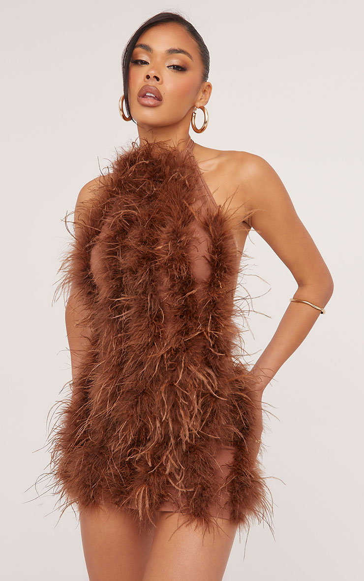 High Neck Open Back Mini Bodycon Dress In Brown Faux Feather | EGO