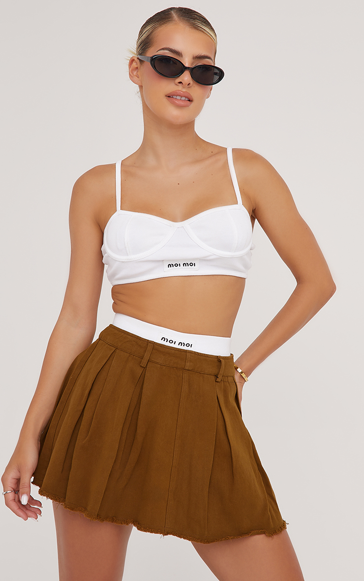 Distressed Hem Detail Pleated Mini Skirt In Khaki Woven