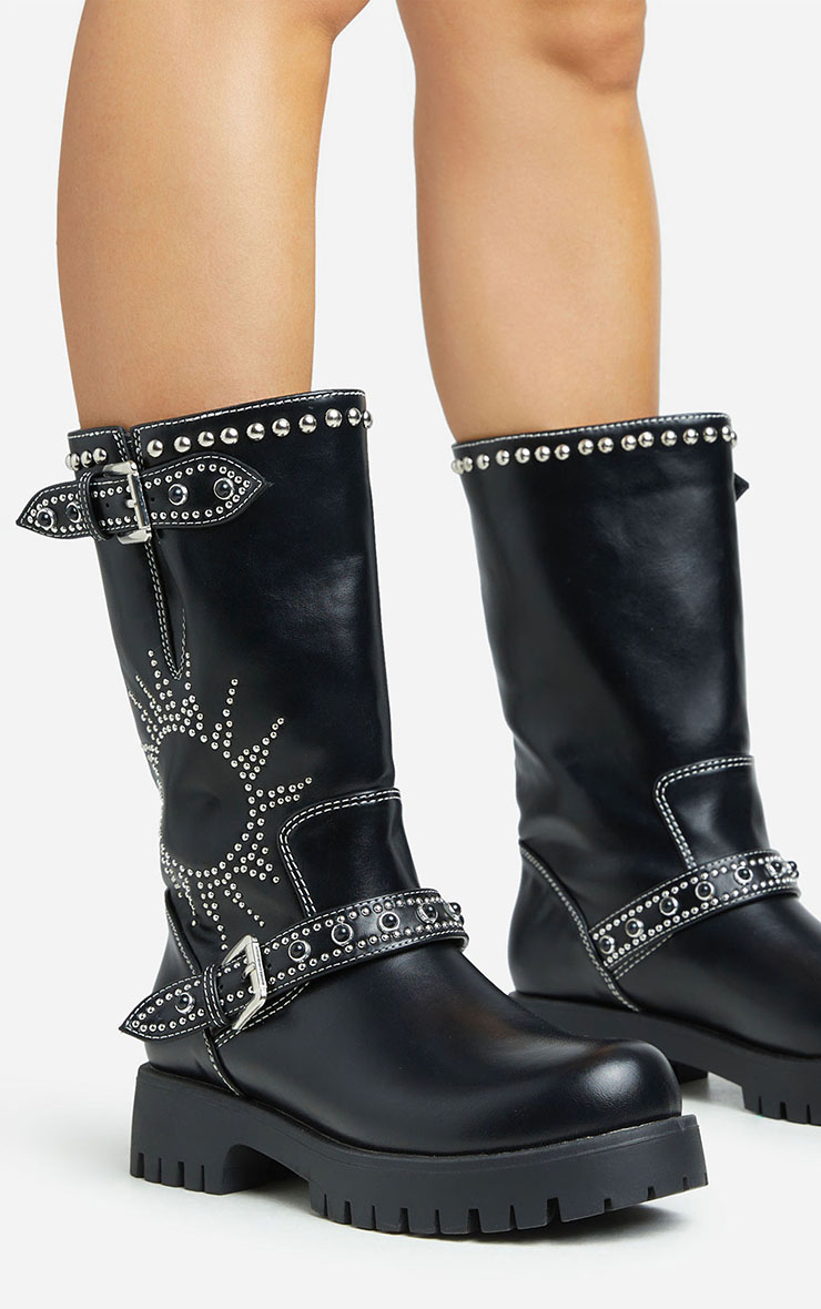 Blackout Silver Studded Sun Detail Mid Calf Chunky Biker