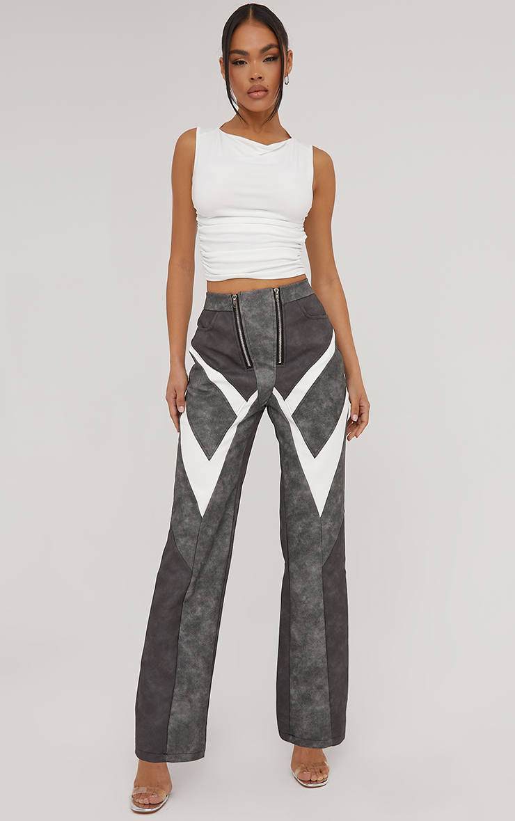 High Waist Zip Detail Motocross Straight Leg Trousers In Grey