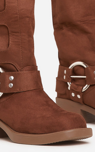 Buckle-Down Side Buckle Detail Midi Calf Biker Boot In Brown