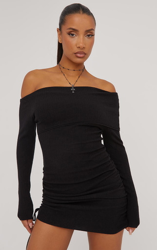 black bardot dress AX Paris Women's Black Bardot Fold Over Top Bodycon Midi Dress 16 main image 0
