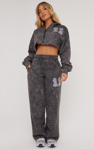 Zip Front Graphic Number Print Oversized Cropped Hoodie In Grey