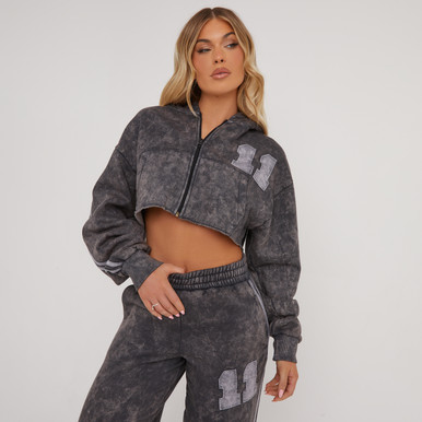 Zip Front Graphic Number Print Oversized Cropped Hoodie In Grey