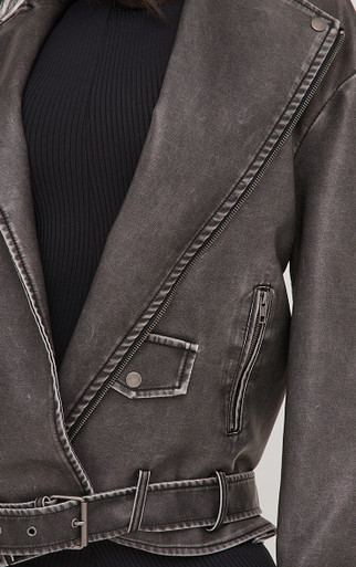 Oversized Pocket Detail Biker Jacket In Washed Grey Faux