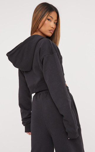 Long Sleeve Oversized Zip Detail Cropped Hoodie In Black | EGO US