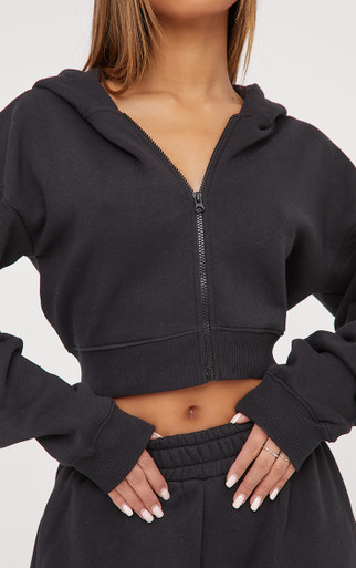 Long Sleeve Oversized Zip Detail Cropped Hoodie In Black | EGO US