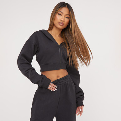 Long Sleeve Oversized Zip Detail Cropped Hoodie In Black