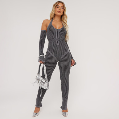 Halterneck Cross Strap Zip Front Detail Jumpsuit With
