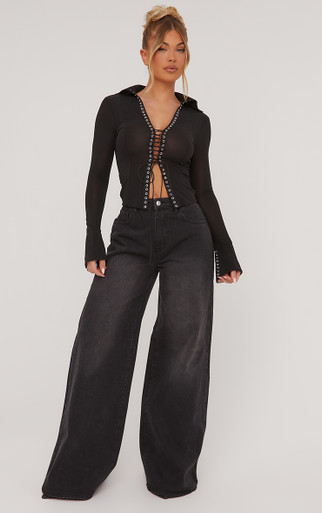 Long Sleeve Lace Up Eyelet Detail Top In Black | EGO US | EGO