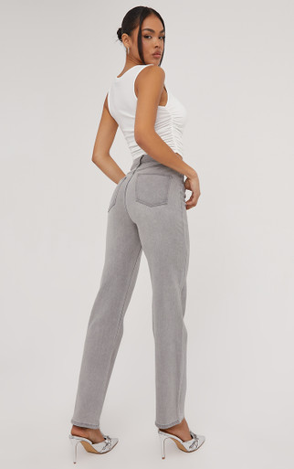 Mid Rise Silver Metallic Foil Spray Detail Straight Leg Jeans In