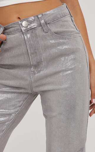 Mid Rise Silver Metallic Foil Spray Detail Straight Leg Jeans In