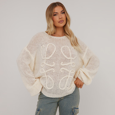 Long Sleeve Swirl Detail Jumper In Cream Knit | EGO Shoes