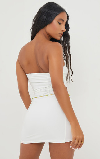 Strapless Cut Out Detail Mini Bodycon Dress In White Slinky