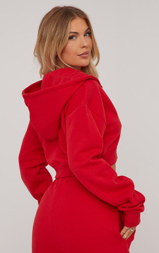Long Sleeve Oversized Zip Detail Cropped Hoodie In Red | EGO US | EGO