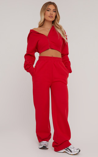 Long Sleeve Oversized Zip Detail Cropped Hoodie In Red | EGO US | EGO