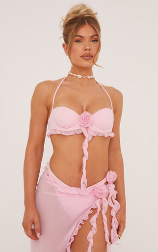 Flower Frill Detail Underwired Bikini Set And Low Waist