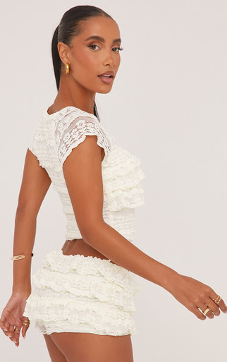 Short Sleeve All Over Frill Detail T-Shirt In Cream Texture | EGO