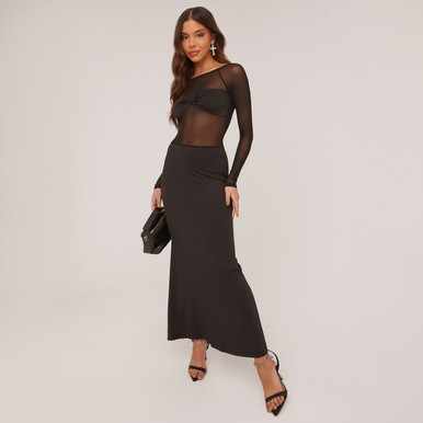 Long Sleeve Mesh Panel Detail Maxi Dress In Black Slinky