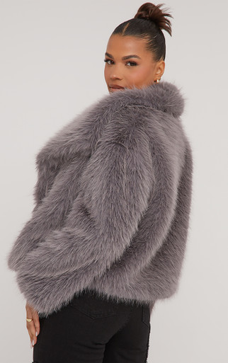 Oversized Collar Detail Cropped Jacket In Grey Faux Fur