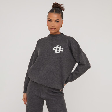 High Neck Oversized Contrast Swirl Detail Sweatshirt In Grey