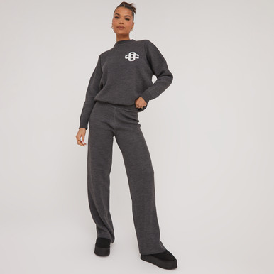 【IONSEOUL】Knits incision wide jogger pants 4JH509 High Waist Wide Leg Joggers In Grey Knit | EGO Shoes