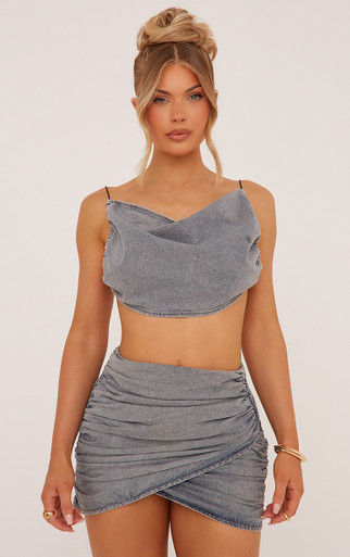 High Waist Wrap Mini Skirt In Washed Blue Denim | EGO US | EGO