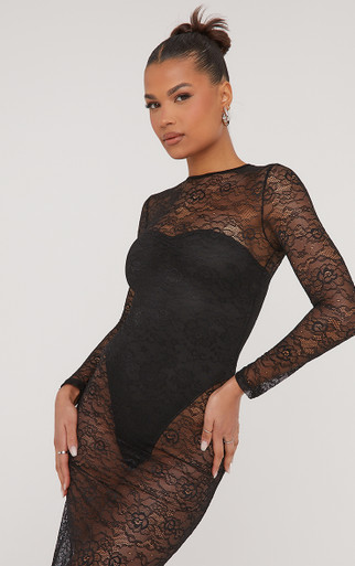 Long Sleeve Bandeau Bodysuit Underlay Maxi Dress In Black Lace | EGO US |  EGO