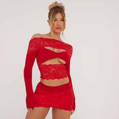 Bardot Lace Detail Cut Out Crop Top In Red Slinky | EGO Shoes