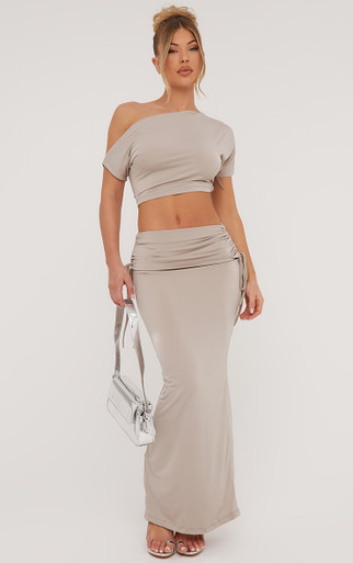 Ruched Detail Asymmetric Crop Top And Low Rise Foldover