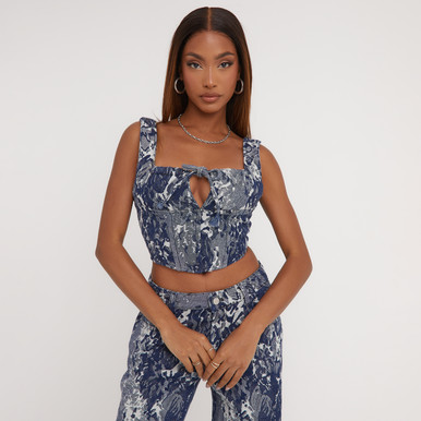 Square Neck Tie Front Cropped Corset Top In Blue Jacquard Floral
