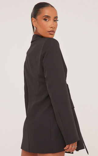 D Ring Strappy Waist Detail Blazer Dress In Black Woven