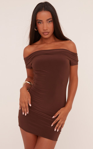 knot detail waist jersey bardot bodycon mini dress Bardot Twist Open Back Detail Mini Bodycon Dress In Brown Slinky
