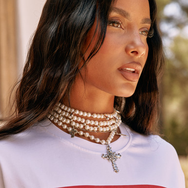 Crucifix Pearl Detail Multi Chain Necklace In Cream | EGO EU | EGO