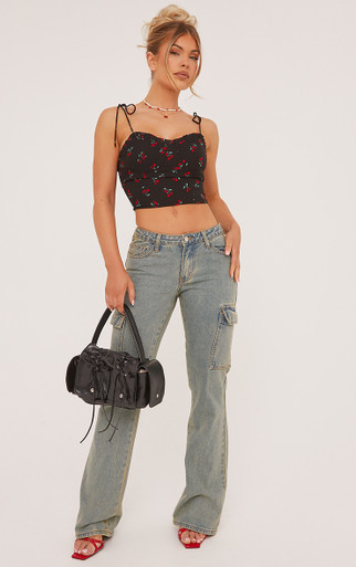 Tie Straps Frill Edge Cherry Print Cami Top In Black | EGO US | EGO