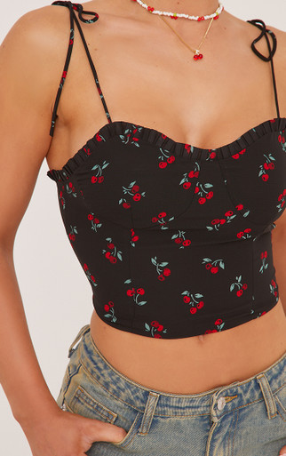 Tie Straps Frill Edge Cherry Print Cami Top In Black | EGO US | EGO