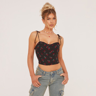 Tie Straps Frill Edge Cherry Print Cami Top In Black | EGO US | EGO