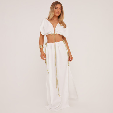Rope Detail Plunge Ruched Sleeve Crop Top And High Waist Split Leg
