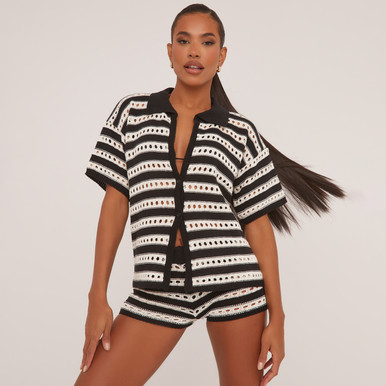 トップス STRIPE CROCHET SHIRT - BLACK STRIPE CROCHET SHIRT