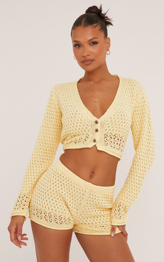 Low Rise Micro Shorts In Lemon Crochet Knit | EGO US | EGO