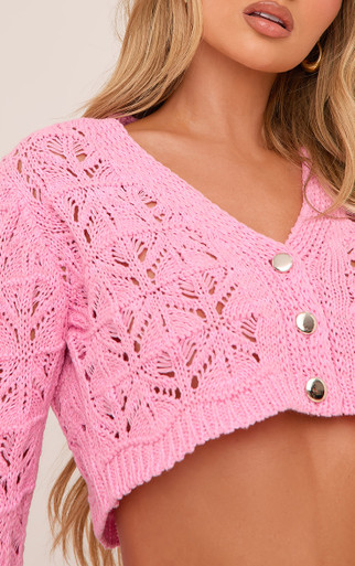Long Sleeve Button Up Cropped Cardigan In Pink Crochet Knit | EGO