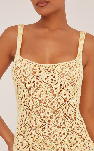 Strappy Square Neck Mini Bodycon Dress In Lemon Crochet Knit