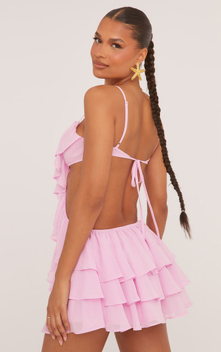 Strappy Plunge Cut Out Frilly Mini Bodycon Dress In Pink
