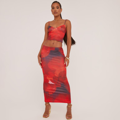 Strappy Crop Top And High Waist Maxi Skirt Co-Ord Set In Red