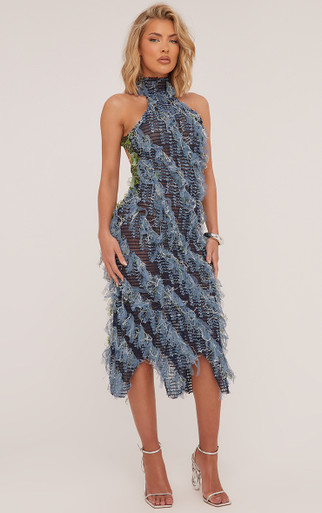 Halterneck Open Back Detail Textured Midaxi Dress In Blue