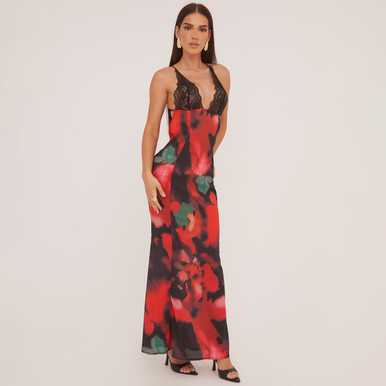 Lace Detail Floral Print Open Back Maxi Dress In Black And Red Woven | EGO US | EGO Lace Detail Floral Print Open Back Maxi Dress In Black And Red Woven | EGO US | EGO