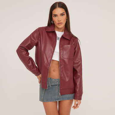 Pocket Front Trucker Jacket In Dark Red Faux Leather | EGO US | EGO