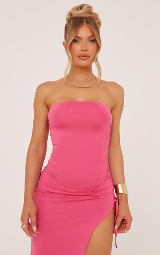 ★hai★ Milliback Ruched Pink MILLIEPK Bandeau Ruched Side Split Leg Maxi Dress In Hot Pink Slinky